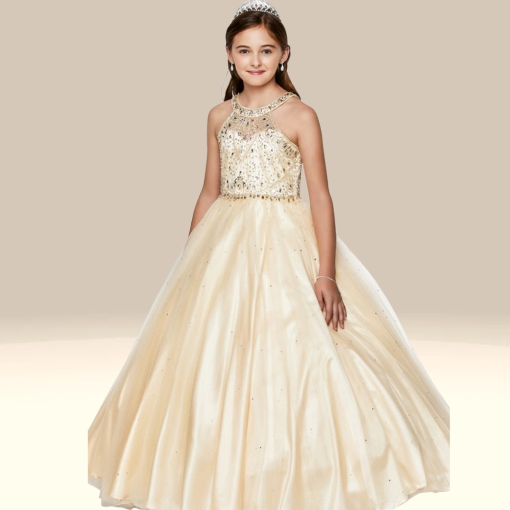 Girls dazzling halter beaded tulle special occasion dress